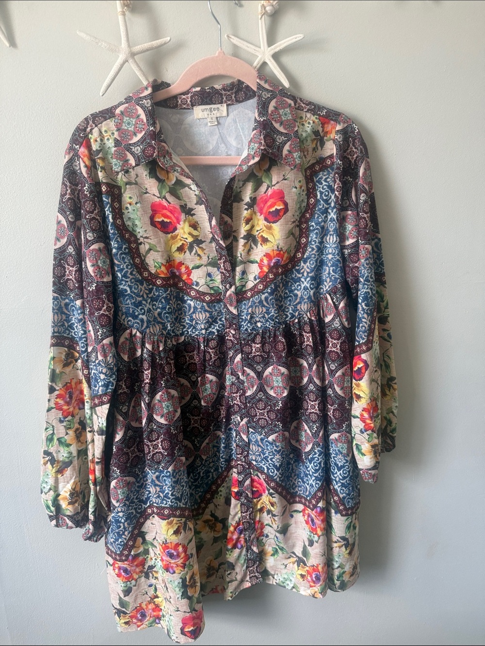 Umgee Multicolor Floral Patchwork Button-Front Tunic